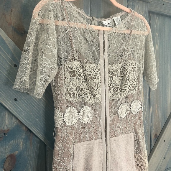 Anthropologie Beguile Byron Lars Carissima Taupe Lace Sheath Dress Short Sleeve - Picture 2 of 8